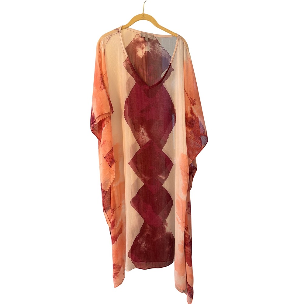 Nordstrom Kaftan Pink Orange Abstract Geometric V-Neck Sheer Chiffon Cover-Up OS